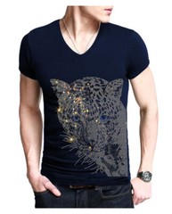 Men Fashion Diamonds T-Shirt Leopard Print Rhinestones Hot Drill Short Sleeve