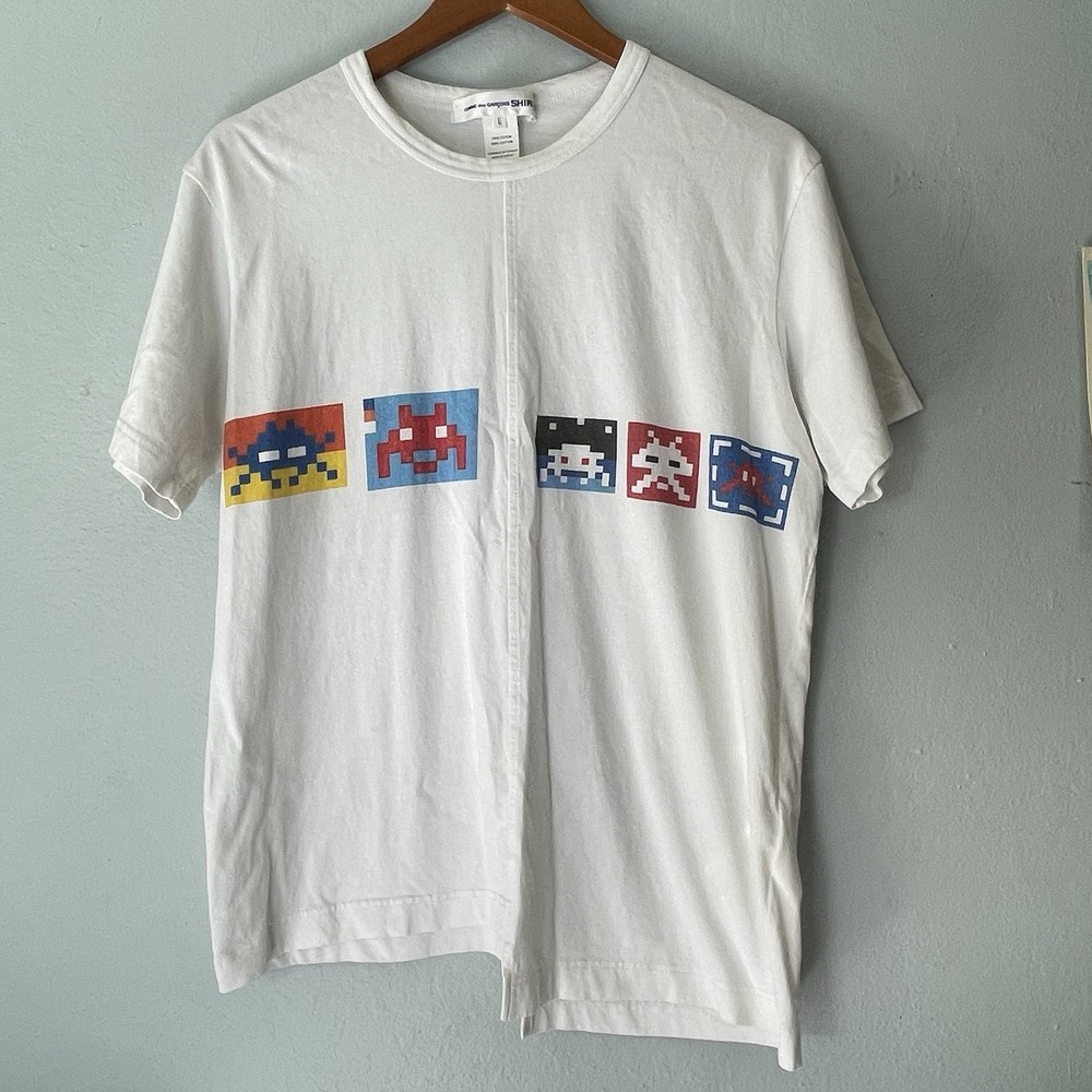 COMME des GARCONS SHIRT Invader T-shirt Large Cotton Asymmetrical Print