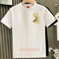 Men’s Luxury Koi Fish Embroidered Cotton T-Shirt Casual Short Sleeve Slim Fit Te