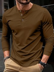 Men’s Summer Casual Long Sleeve Henry Neck T Shirts Fashion Basic Button Gift