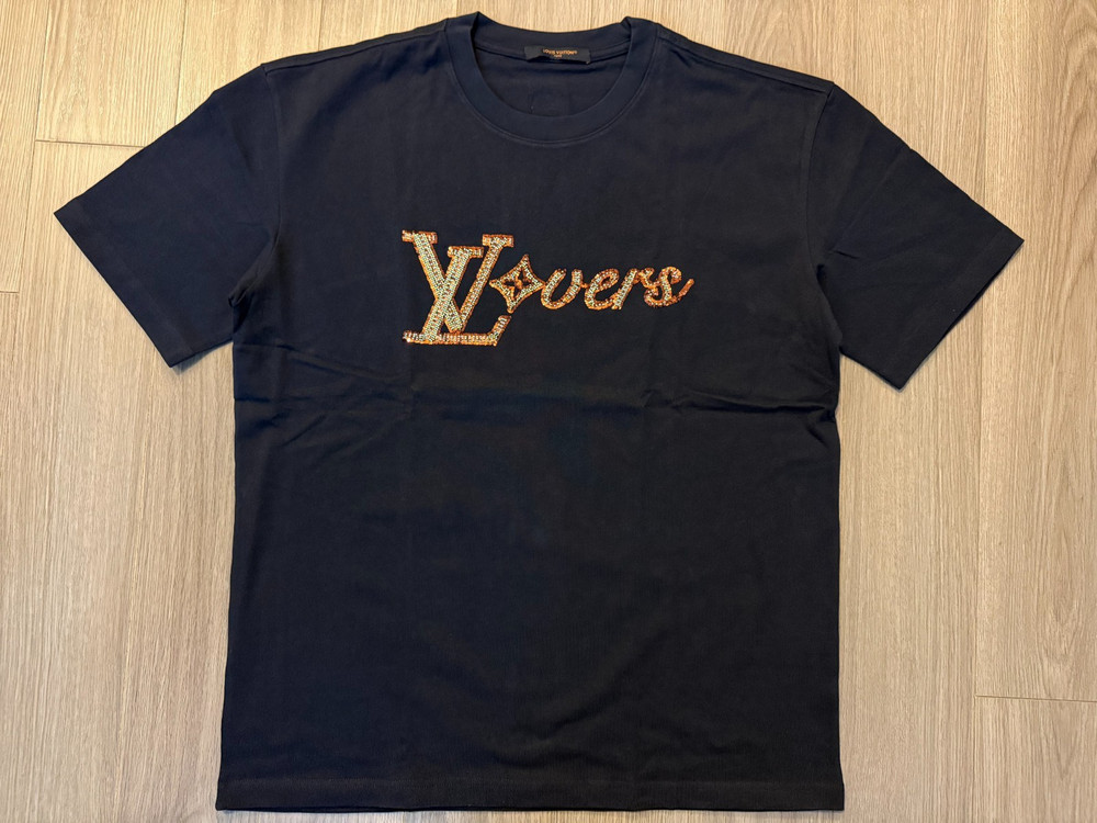 Louis Vuitton Vers Embellished Short Sleeved Tee Shirt dark blue sz L