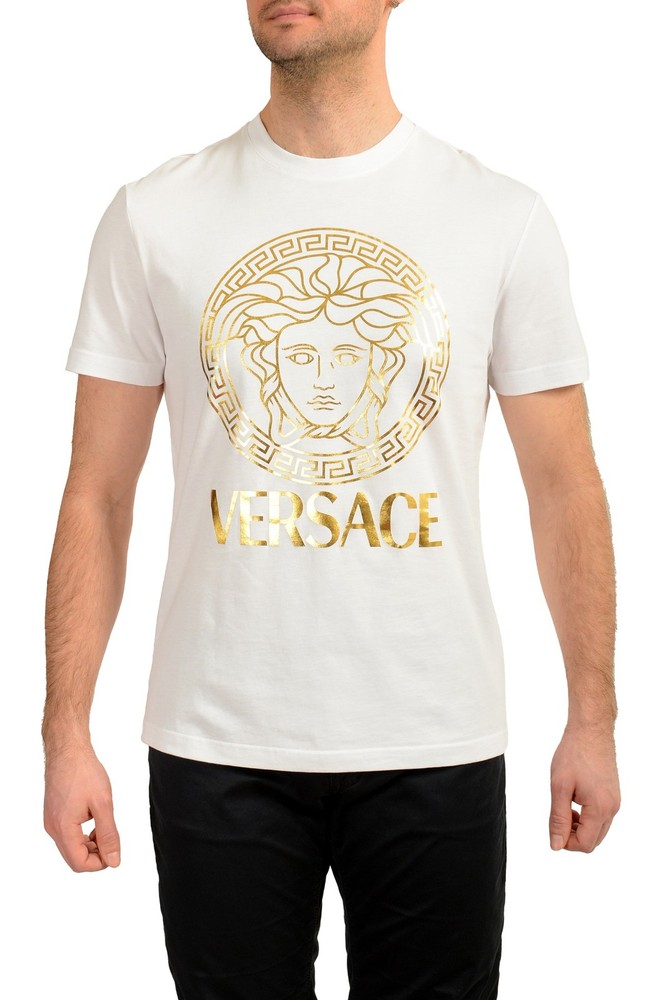 Versace Men’s Gold Medusa Print White Short Sleeve Crewneck T-Shirt US 2XL IT 56