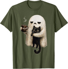 Ghost Cat Spooky Black Cat Funny Halloween Coffee Lover T-Shirt
