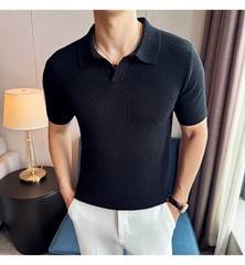 Summer New Men’s Short Sleeve Knit Shirt V-Neck Collar Slimming Casual Shirt Top
