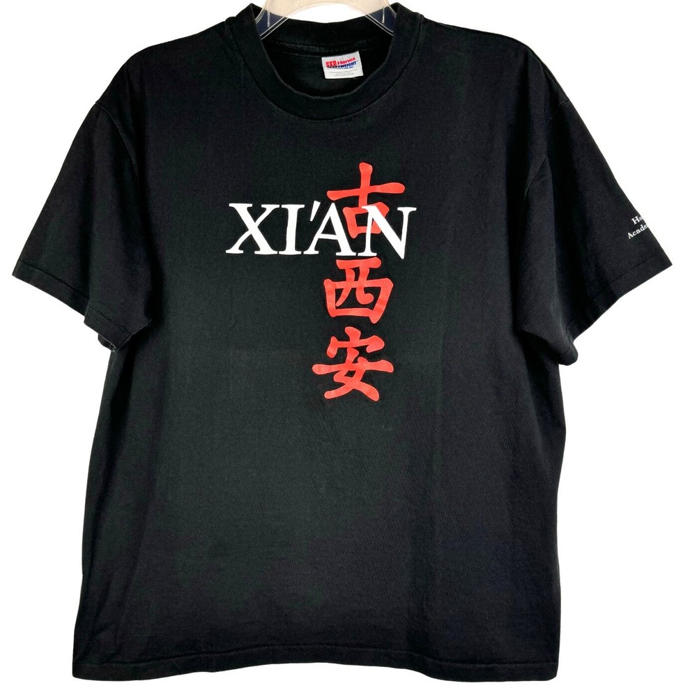 Hanes Heavyweight Shirt Men’s Large Black Red White Single Stitch Vintage