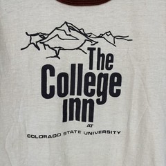 Vintage 70s The College Inn Colorado State CSU University Ringer TShirt Tan Mens