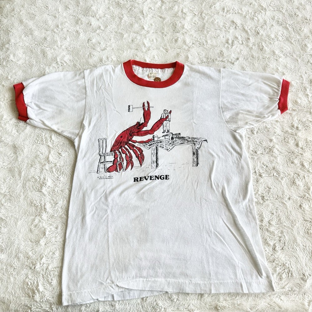 Vintage Lobster Ringer Shirt Tee Mens Medium White Red Screen Stars 80s Funny SS