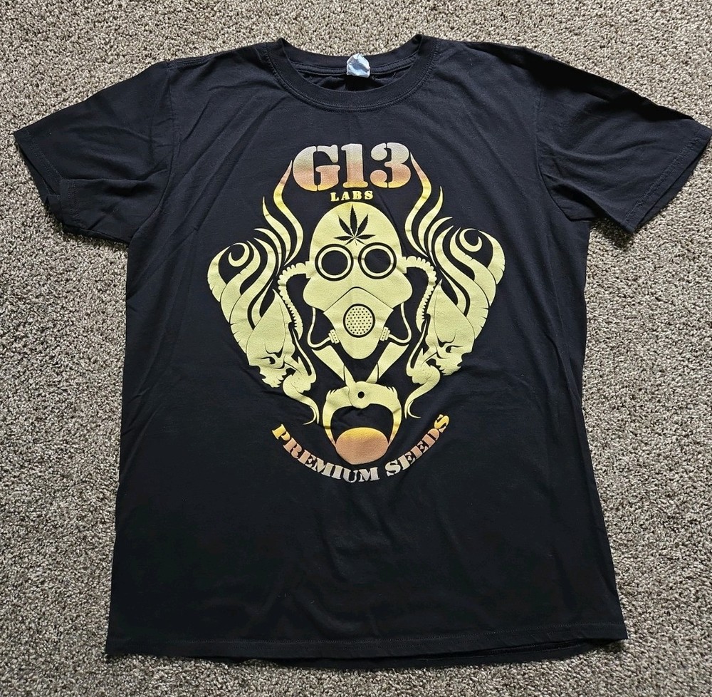 G13 Labs T-Shirt Size Large Black Pot Leaf Marijuana Weed Premium Seeds Gas