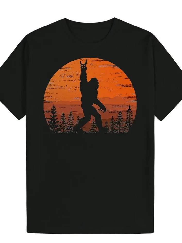 1pc Men’s Casual Summer T-Shirt, Black Polyester Knit with Silhouette Graphic, R
