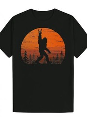 1pc Men’s Casual Summer T-Shirt, Black Polyester Knit with Silhouette Graphic, R