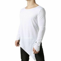 Mens Asymmetric Slit Hem Summer T-shirt Top Tee Long Sleeve Loose Pullover Shirt
