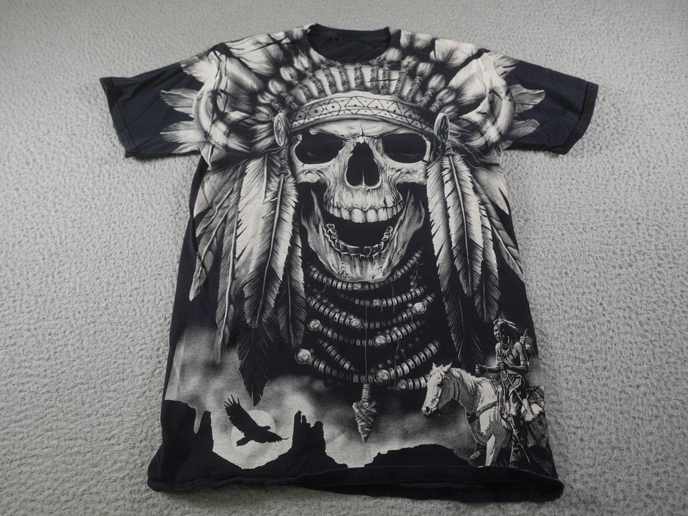 Native American Skull Shirt Mens XS Black Western Tribal Cowboy Horse Desert Y2K