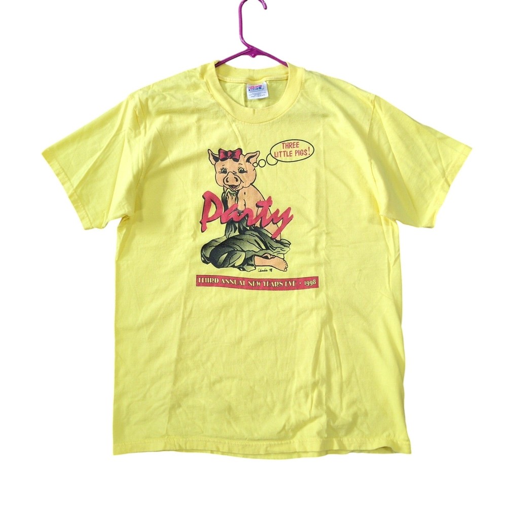 Vintage Porky’s Party 90s New Years Eve Shirt Men’s Size L Large Yellow Hanes