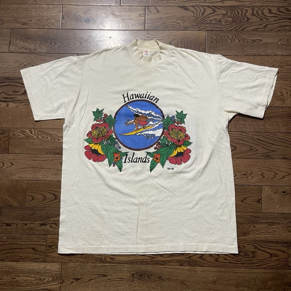 Vtg 70s Hawaiian Island Bob Akers Poly Tees beach surf cream Single Stitch Sz XL