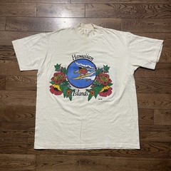 Vtg 70s Hawaiian Island Bob Akers Poly Tees beach surf cream Single Stitch Sz XL