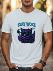 Stay Woke T-Shirt Neon Owl with Shades Graphic Tee Retro Vaporwave Streetwear