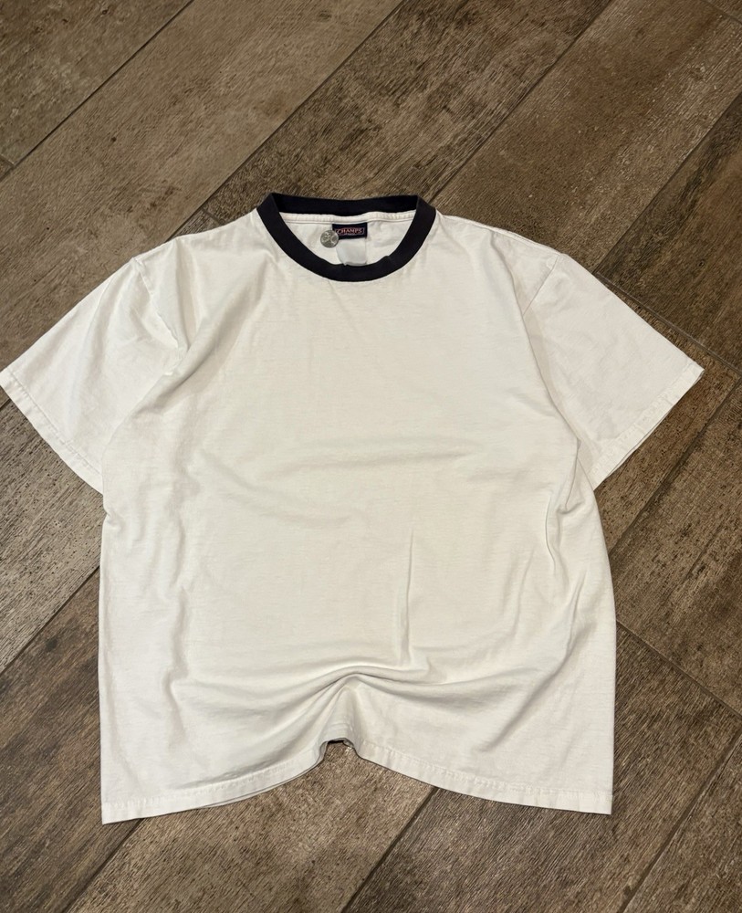 Champs Sports White Crew Neck T-Shirt Black Contrasting Trim Men’s