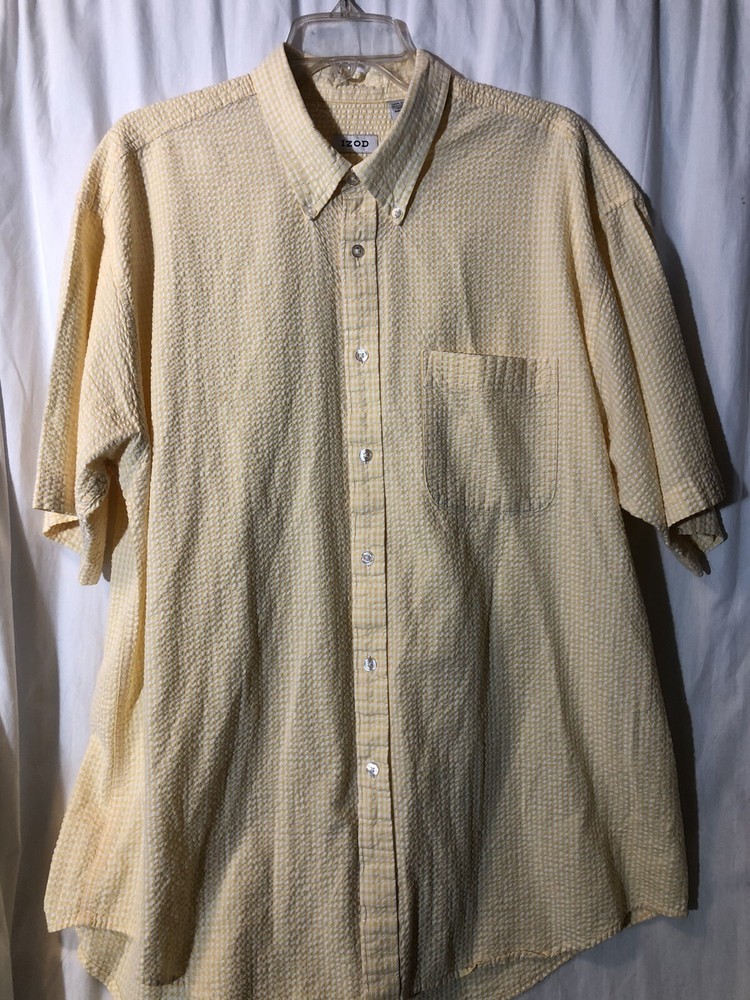 Mens Izod XL Yellow Shirt Button Front Short Sleeve Shirt Tail Hem