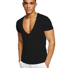 Men’s Deep V-Neck T-Shirt, Cotton Fitness Leisure Tops, Solid Color Europe Size