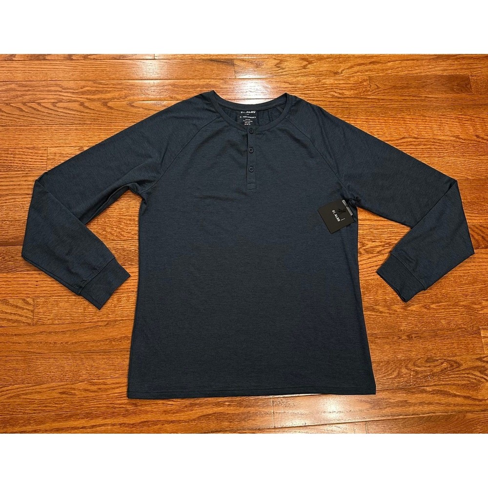 New 01.ALGO Performance Henley Long Sleeve Shirt Mens Medium Blue Stretch Casual