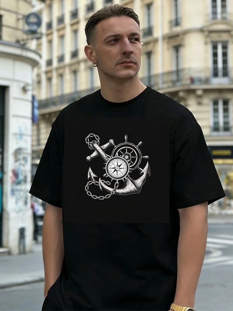 Nautical Anchor Compass Graphic Tee 100% Cotton Men Casual Daily Wear T-Shirt