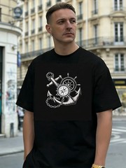 Nautical Anchor Compass Graphic Tee 100% Cotton Men Casual Daily Wear T-Shirt