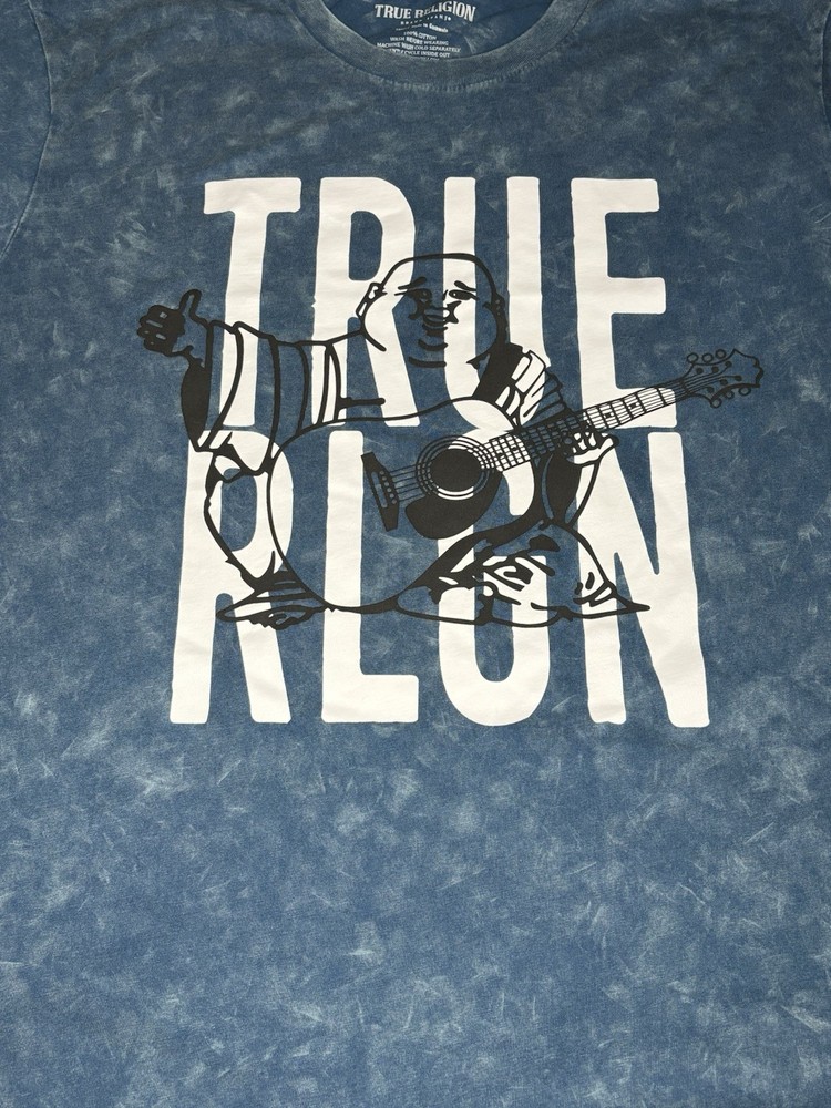 True Religion Mineral Wash Blue Buddha Graphic Logo T- Shirt Large
