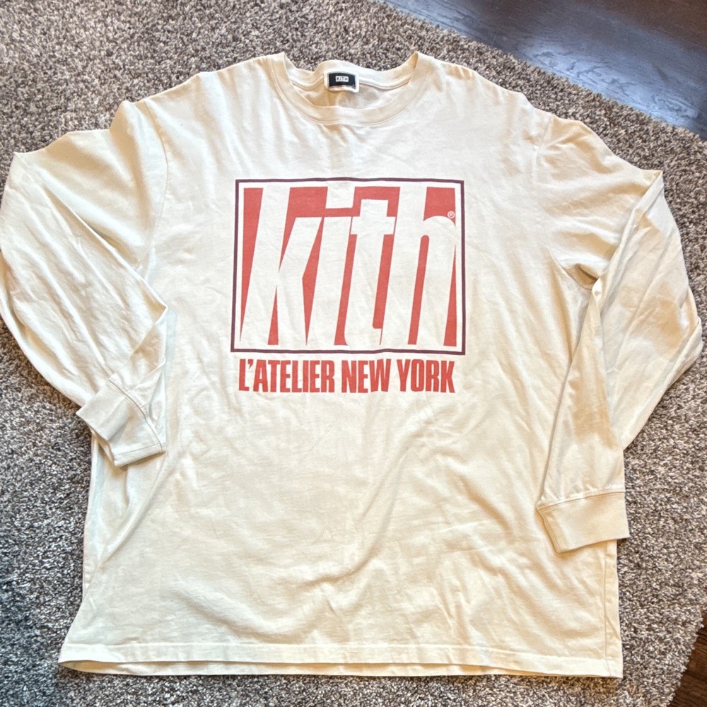 Kith Men’s Beige Graphic Print Logo Crew Neck Long Sleeve Cotton T-Shirt XL