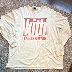 Kith Men’s Beige Graphic Print Logo Crew Neck Long Sleeve Cotton T-Shirt XL