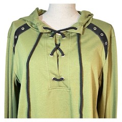 Mens Lace Up Hooded Shirt Green Faux Black Leather Size L Cosplay Medieval
