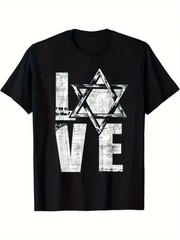 1pc Men’S Casual Cotton T-Shirt with LOVE Star of David Print, Round Neck, Short