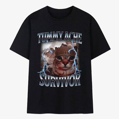 Tummy Ache Survivor T-Shirt Funny Cat Meme Soldier Graphic Vintage Heavy Metal