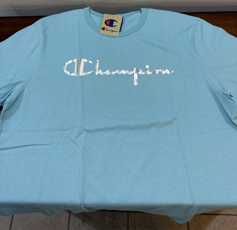 Champion Shirt Metallic Silver Foil Script Shirt Baby Blue S/S Shirt (XXL)