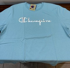 Champion Shirt Metallic Silver Foil Script Shirt Baby Blue S/S Shirt (XXL)