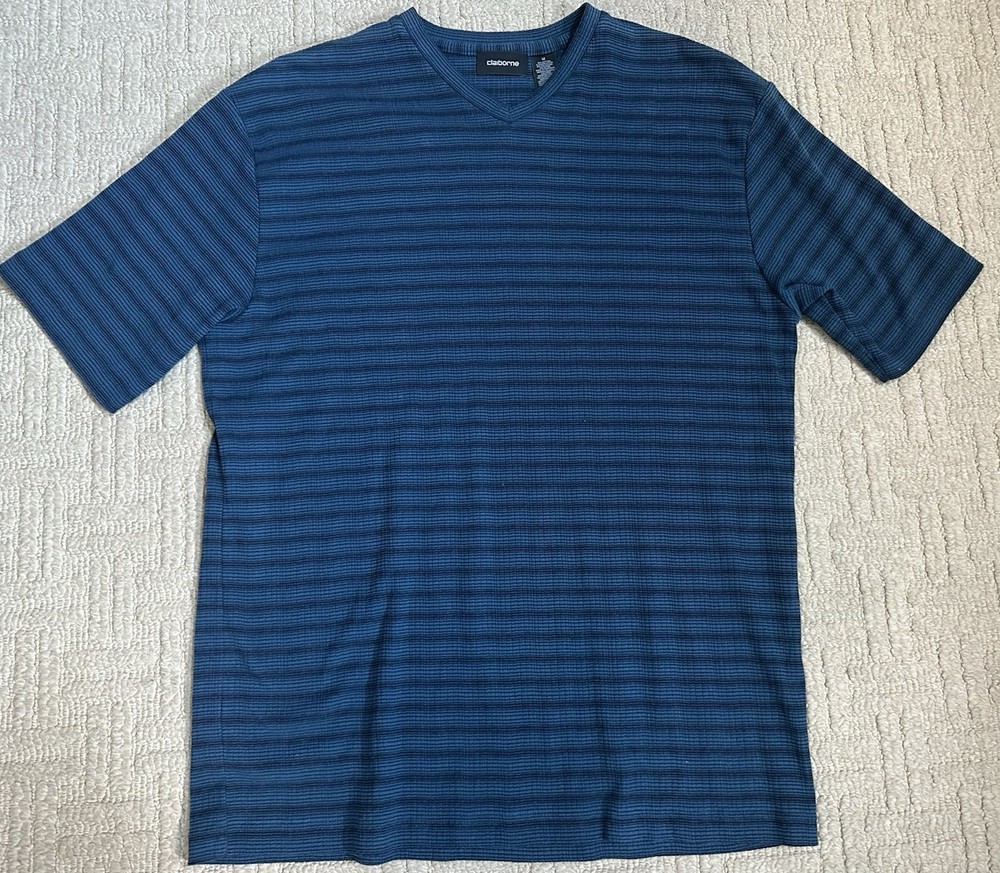 Vintage Claiborne V-Neck T Shirt Men’s Ribbed Blue Black Minimal 90s Y2K Large