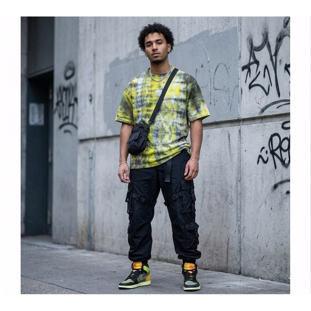 Jordan T-Shirt Mens XL Yellow Olive Tie Dye Flight Jumpman Logo CUSTOM OOAK