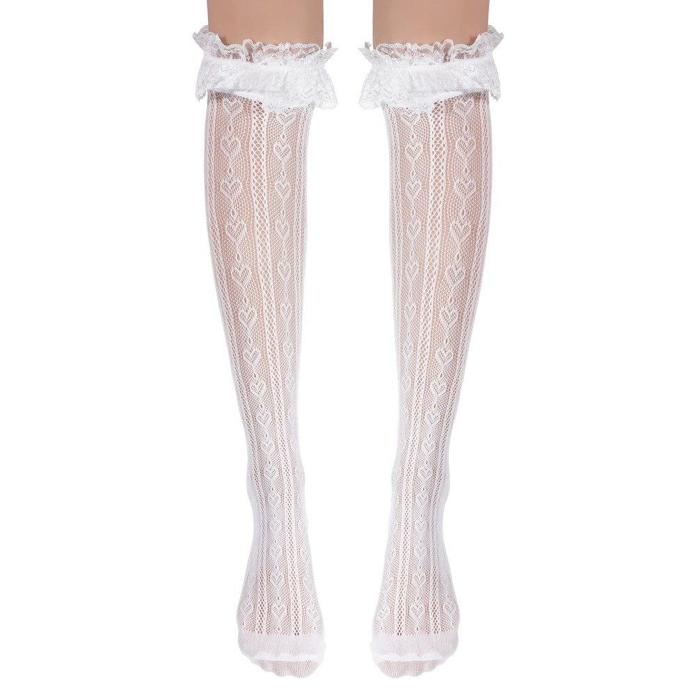 Lace Knee High Socks, Thigh High Stocking with Lace Trim, White Laces Socks W…