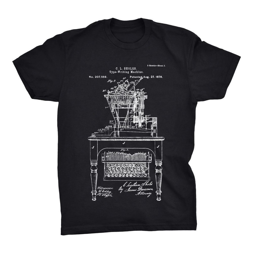 Typewriter Patent T-Shirt.100% Cotton Comfy Tee on Black White or Gray. NEW