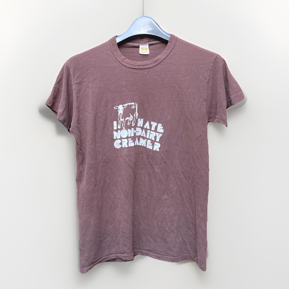 Vintage 70s Russell Mills T Shirt Cow “I Hate Non Dairy Creamer” Slogan USA Rare