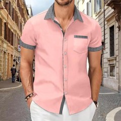 Camisa Con Botones Elegante De Manga Corta Para Hombres Sólida Cuello Levantado