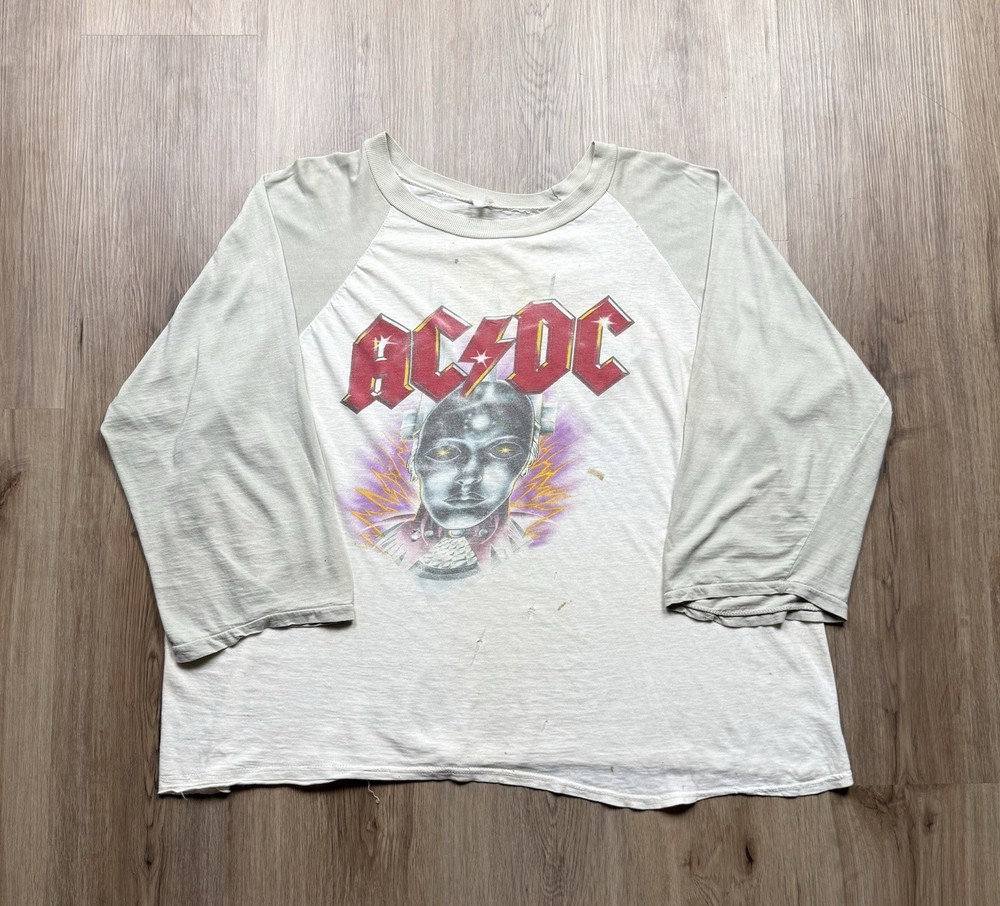 80s VINTAGE AC/DC Who Made Who Tour Raglan Band T-Shirt Size Large RARE Two Tone