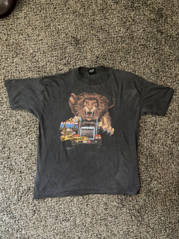 Vintage 80s 3D Emblem Truckers Only King Of The Road Lion Biker Thin T Shirt XXL