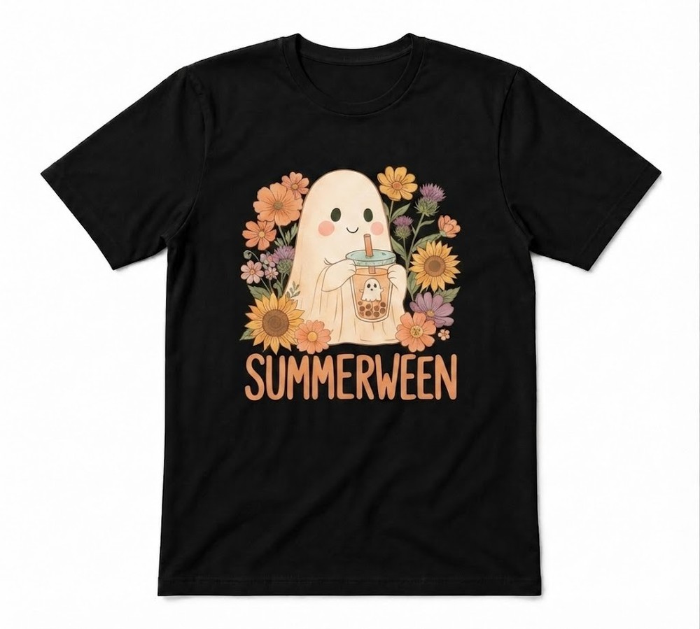 Floral Summerween Ghost Cute Drinking Halloween Unisex Black T-shirt
