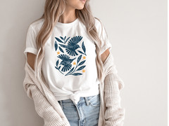 Retro Botanical Birds T-Shirt, Folk Art Bird Shirt, Vintage Nature Tee, Cottagec
