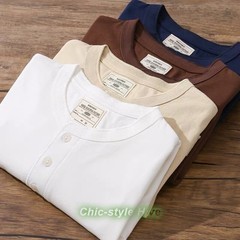 Mens Long Sleeve Shirts Soild Color Heavy Cotton Retro Casual T-Shirts Pullover