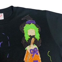 Vintage 90s Jerzees Halloween Witch Cat Shirt Large Black Applique 3D Puff Paint