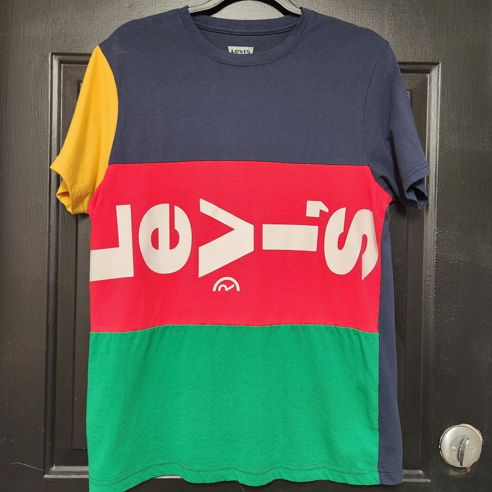 Levi’s Tee Striped Multi Color Block Spellout Medium T-Shirt Cotton Polyester