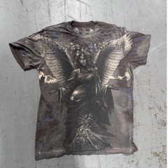 Y2K Affliction Mens Angel Graphic TShirt Lrg Black Distressed MMA All Over Print