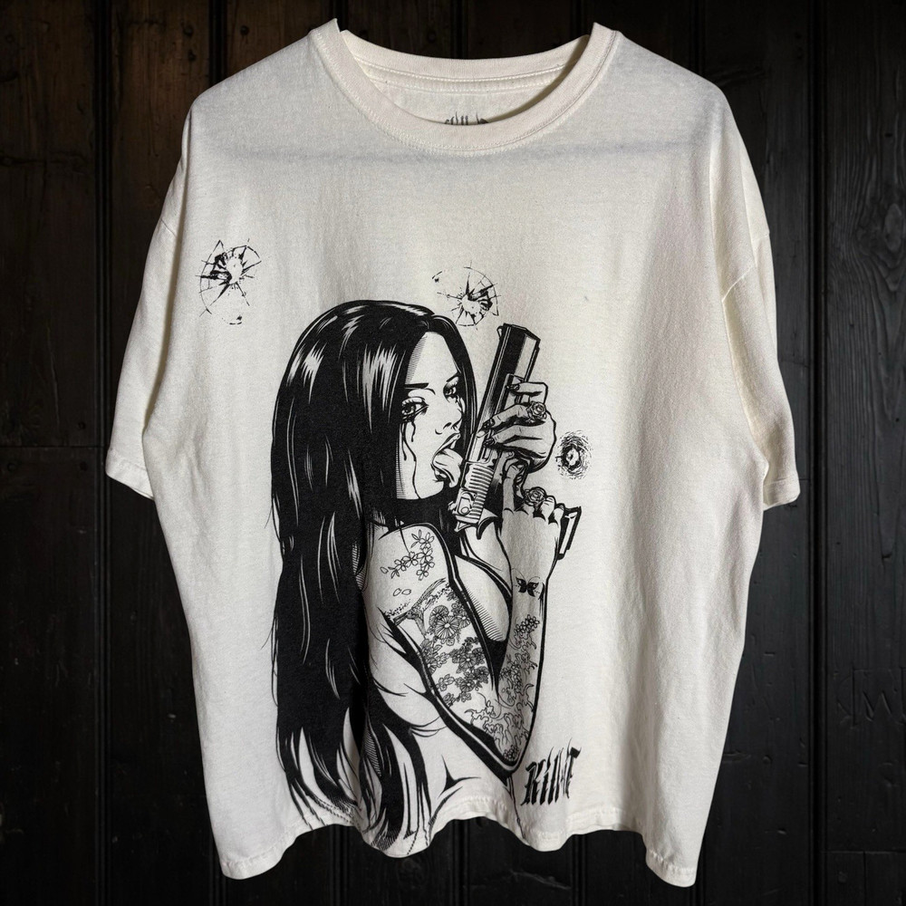 Kill It Gun Girl Tattoo Print “Addicted to Chaos) T Shirt Sz L Grunge Metal Tat