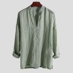 Mens Linen V Neck Long Sleeve Basic Tee T-shirt Casual Tops Blouse M-XXL